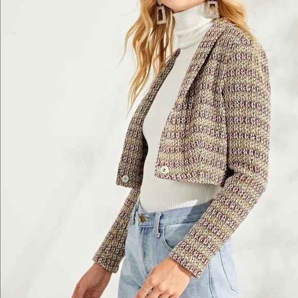 Tweed Shawl Collar One Snap Button Crop Kacket - Picture 8 of 9